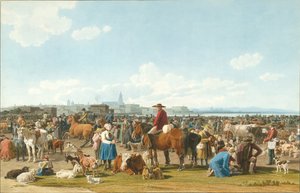 Szarvasmarhapiac egy nagyváros előtt a tónál, 1820